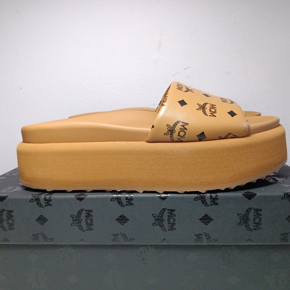 MCM | Shoes | New Mcm Platform Slide Sandals Cognac Monogram Leather Sz 37 | Poshmark
